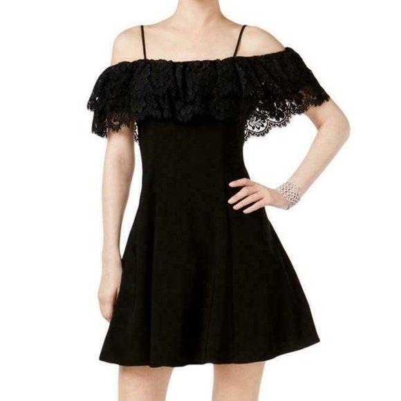 Betsy & Adam Gorgeous Black Off The Shoulder Fit & Flare Lace Trim Dress Size 8 - Picture 1 of 12